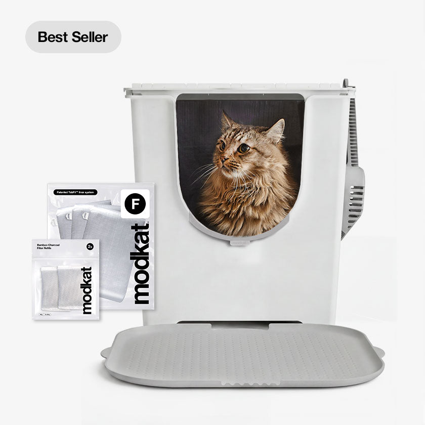 Flip litter box bundle white with gray mat and 3 pk liners