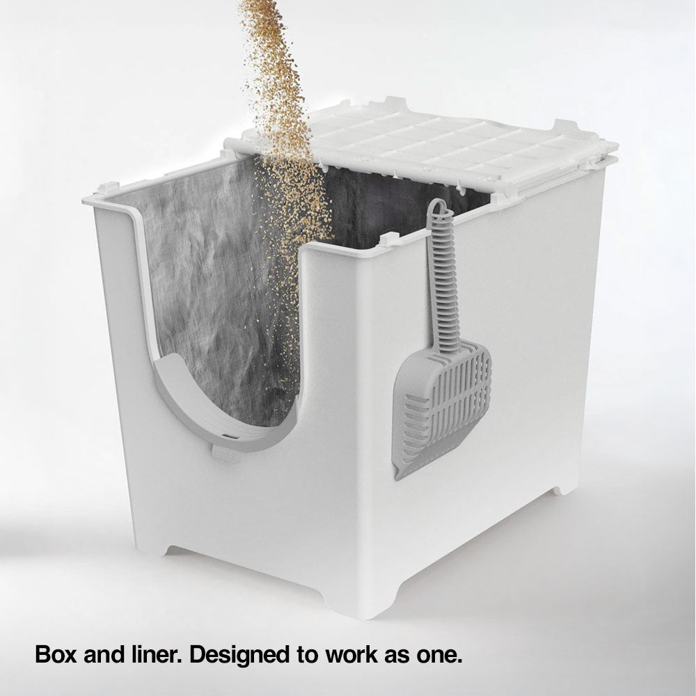 Litter box and liner designed to work in harmony