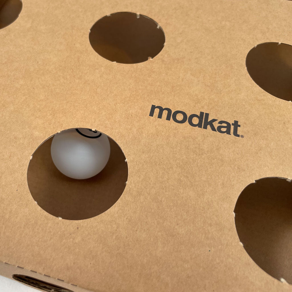 Close up of Modkat Cat Toy Box and ping pong ball