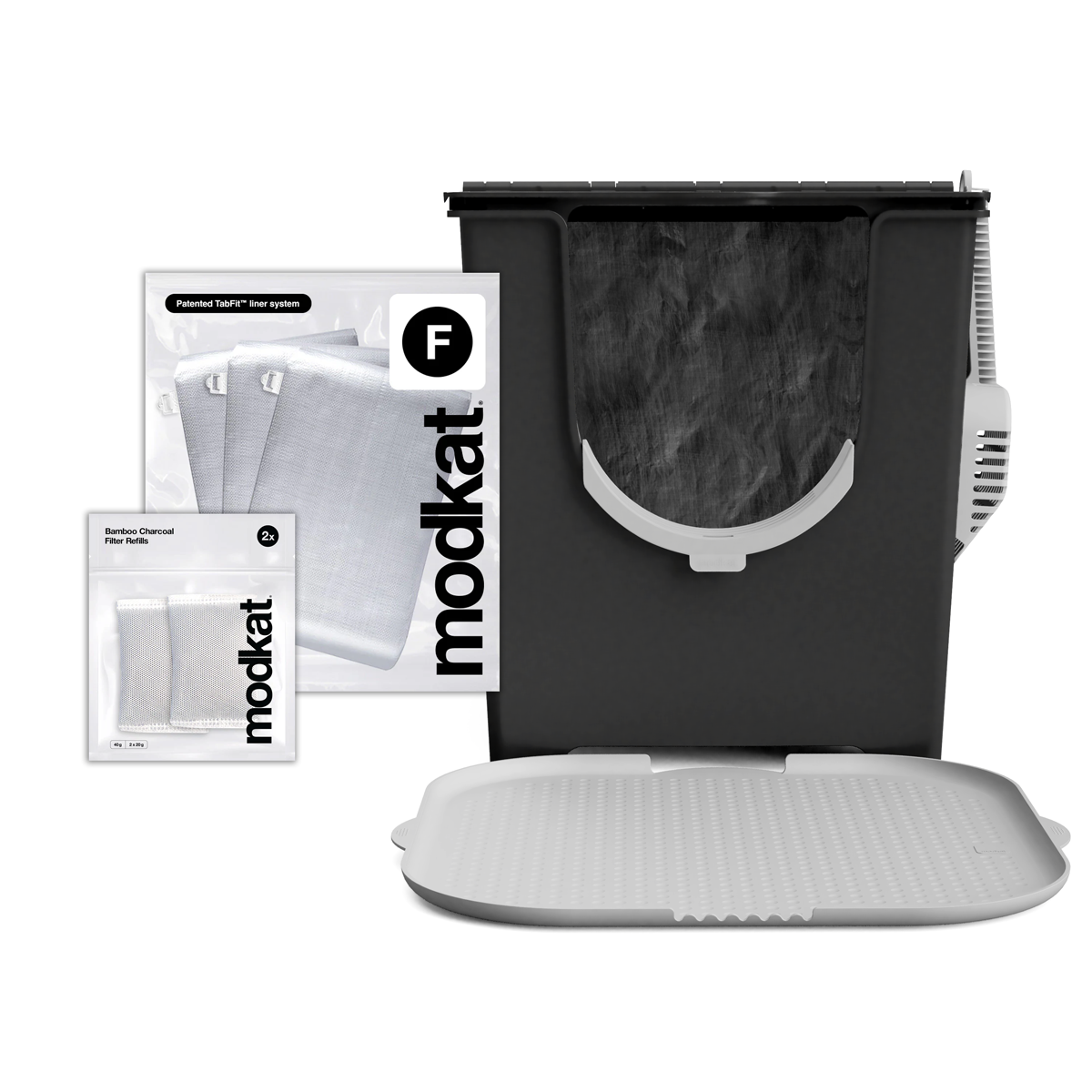 Black Modkat Flip, 3 additional Type F liners and Gray Katch Litter Mat.
