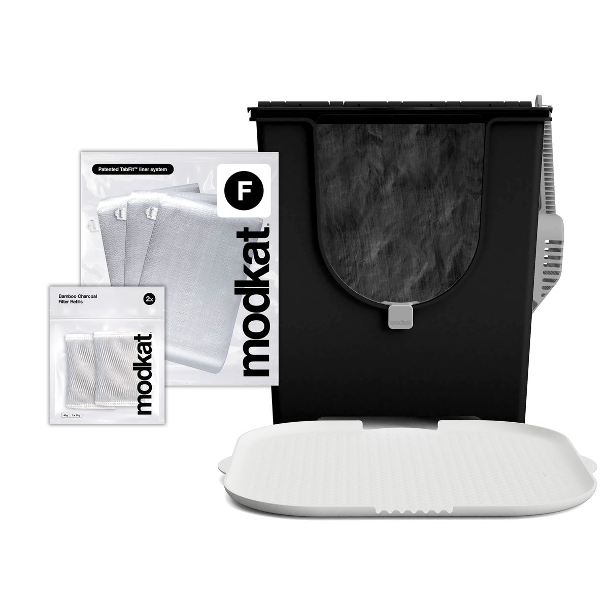 Black Modkat Flip, 3 additional Type F liners and White Katch Litter Mat.