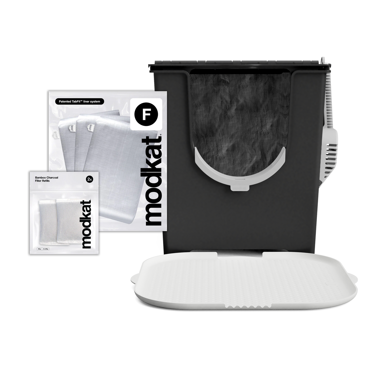 Black Modkat Flip, 3 additional Type F liners and White Katch Litter Mat.