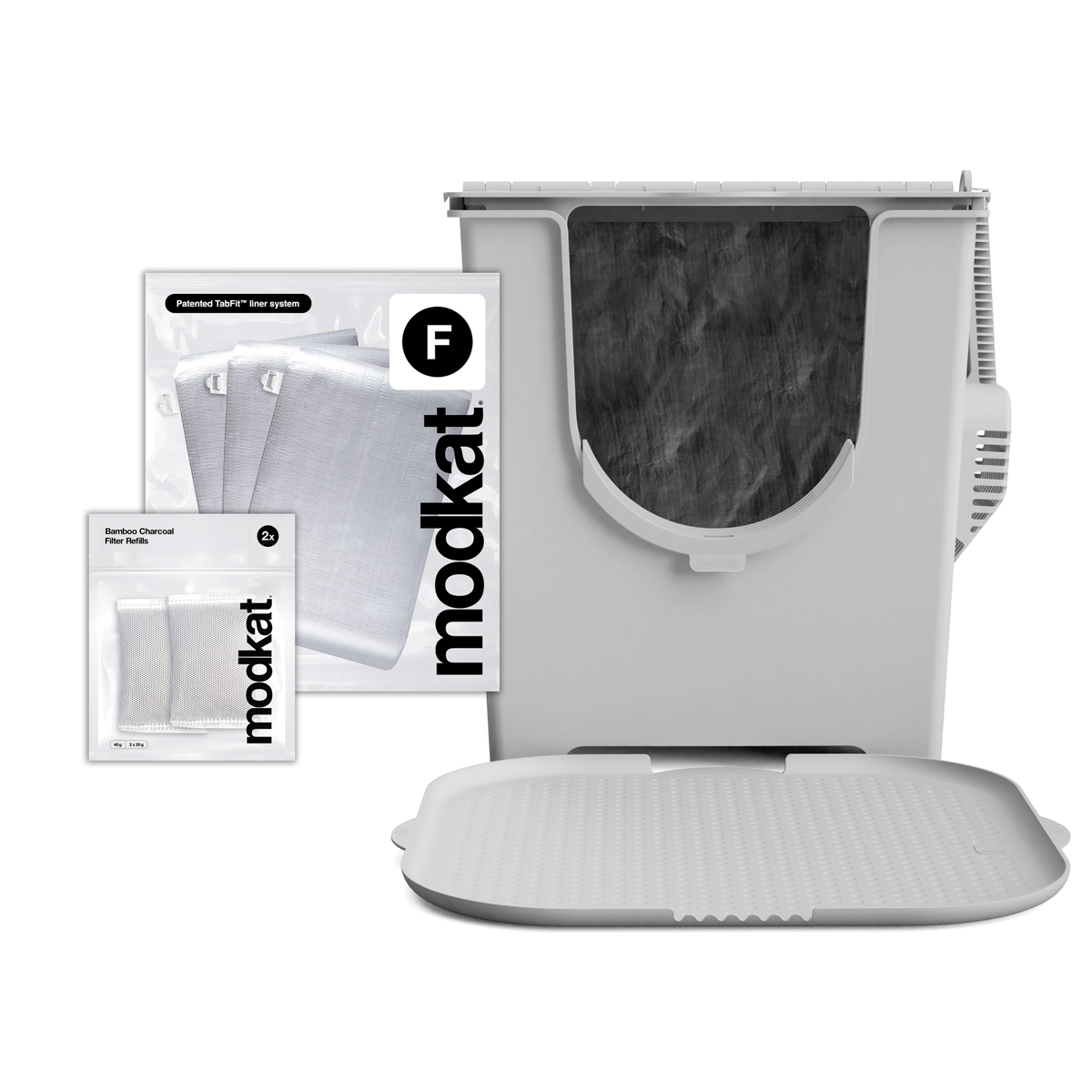 Gray Modkat Flip, 3 additional Type F liners and Gray Katch Litter Mat.