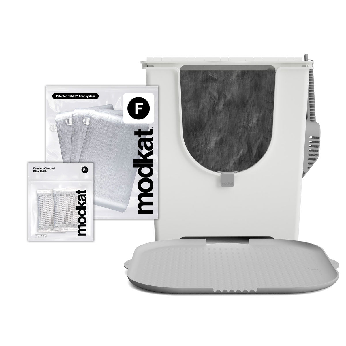 White Modkat Flip, 3 additional Type F liners and Gray Katch Litter Mat.