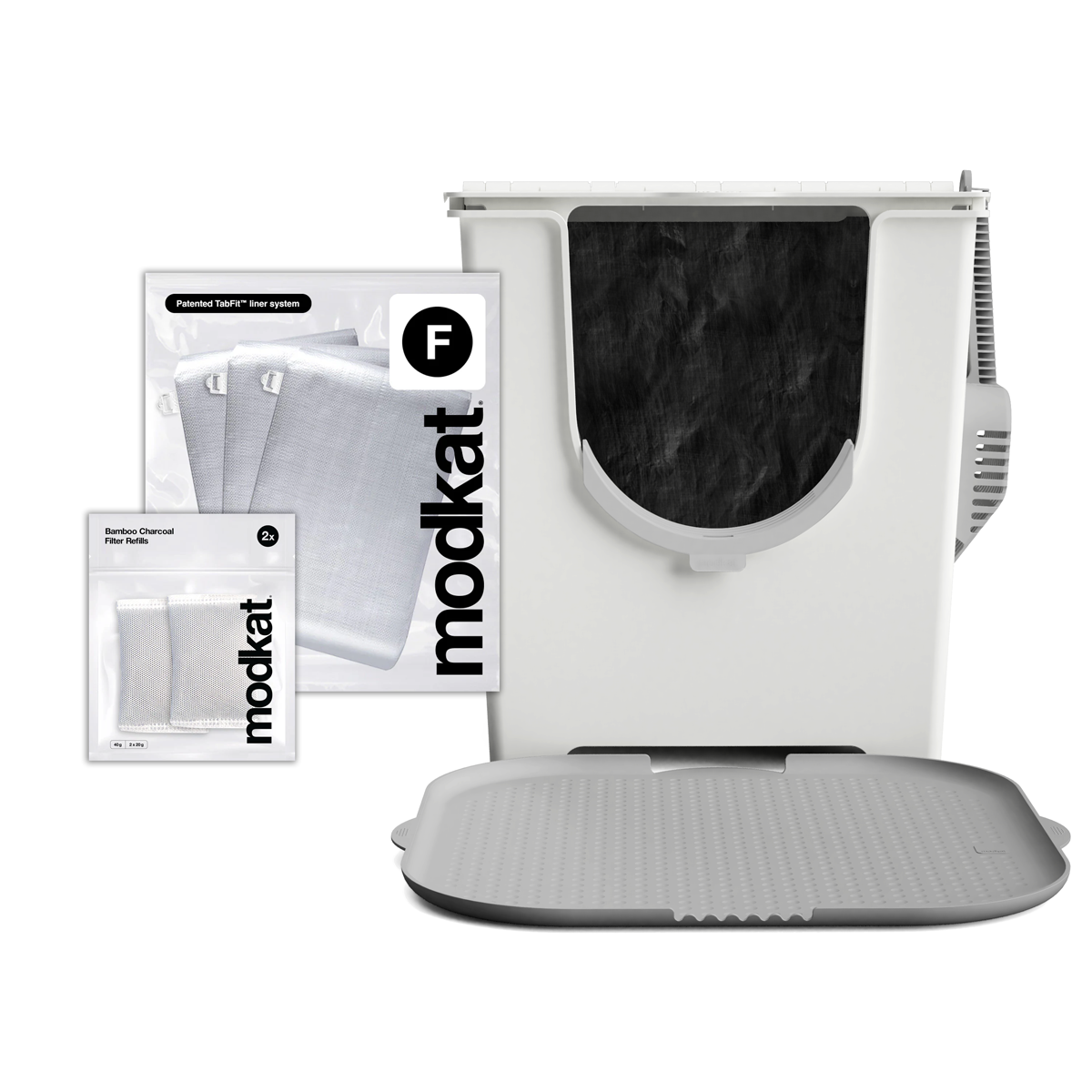 White Modkat Flip, 3 additional Type F liners and Gray Katch Litter Mat.