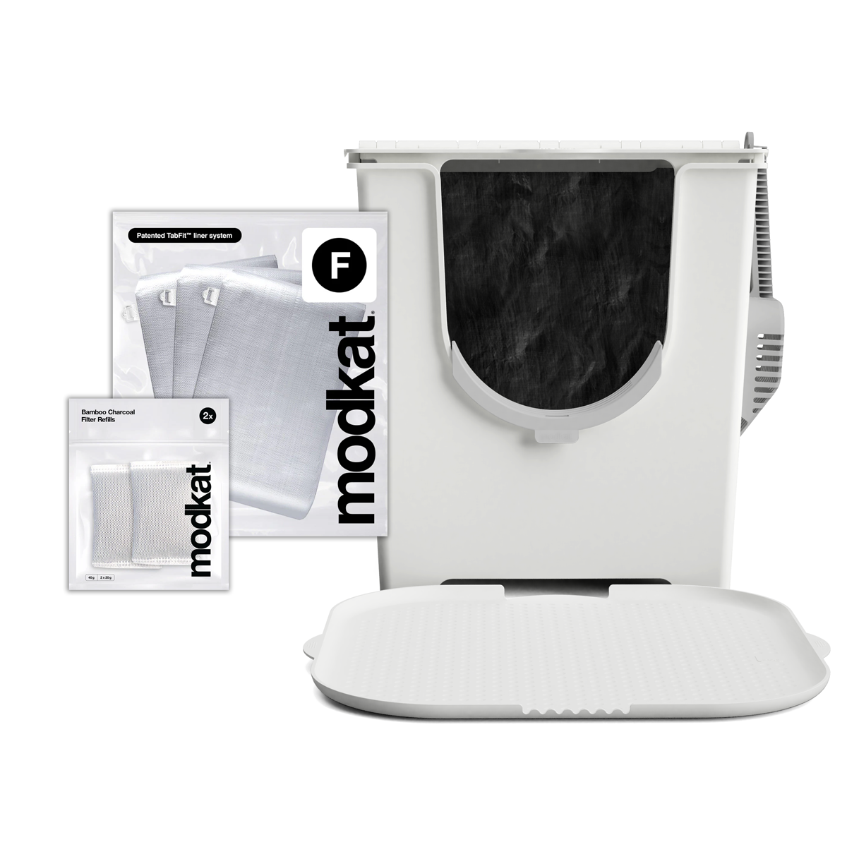 White Modkat Flip, 3 additional Type F liners and White Katch Litter Mat.