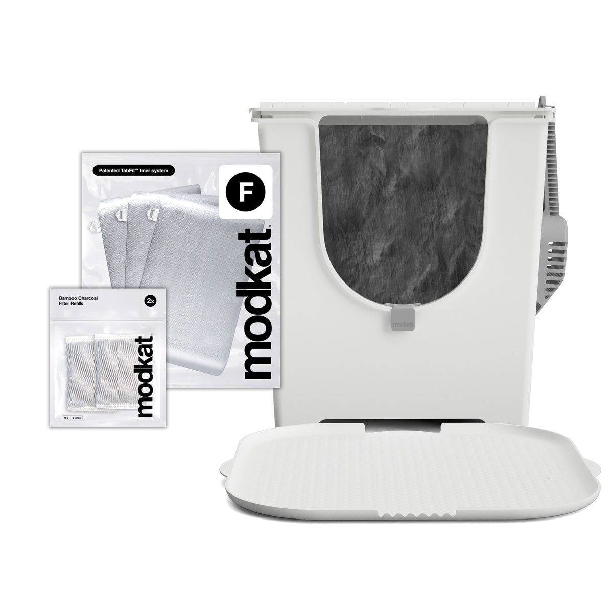 White Modkat Flip, 3 additional Type F liners and White Katch Litter Mat.