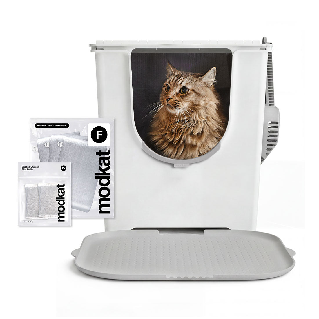 Flip litter box bundle white with gray mat and 3 pk liners