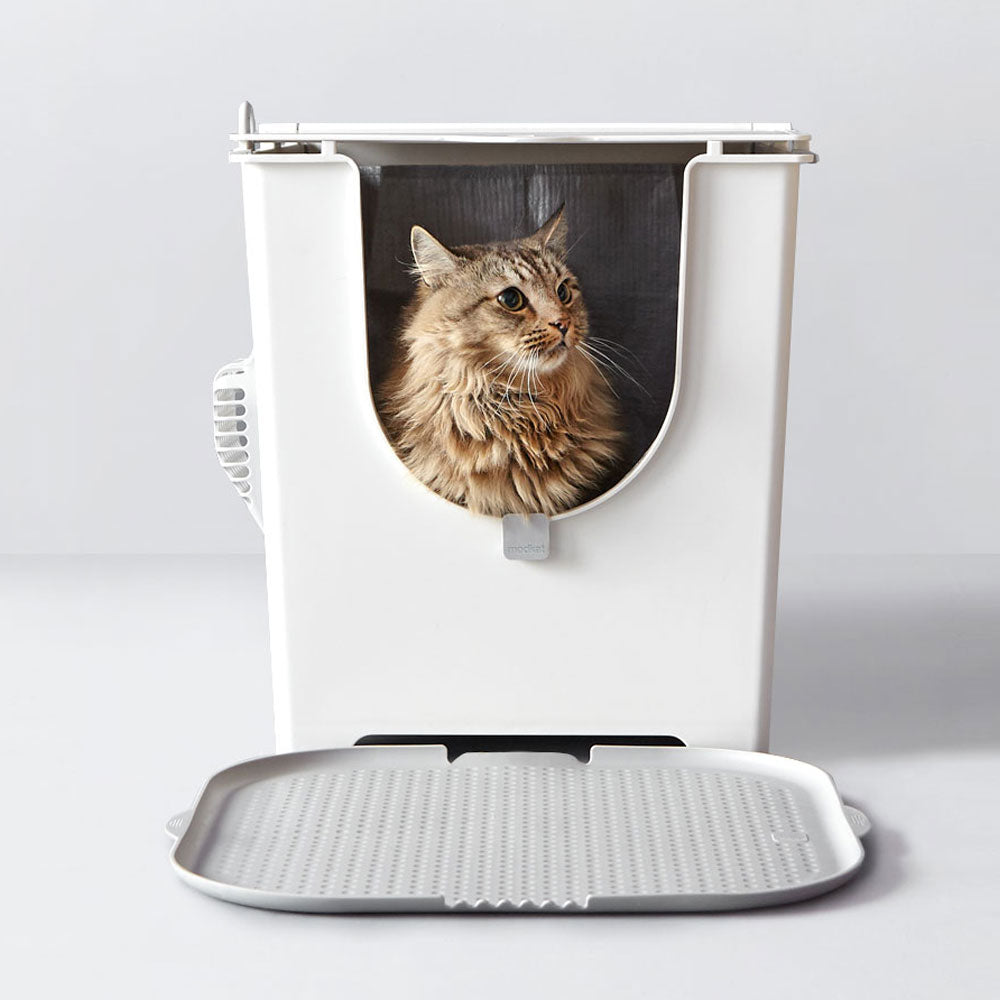 Katch Litter Mat placed in front of Modkat Flip Litter Box showing proper setup